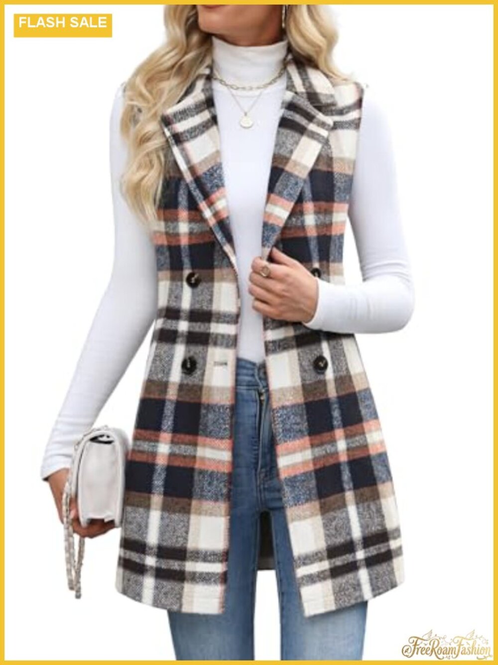 Tweed Plaid Longline Sleeveless Vest Double Breasted Slim Fit Office